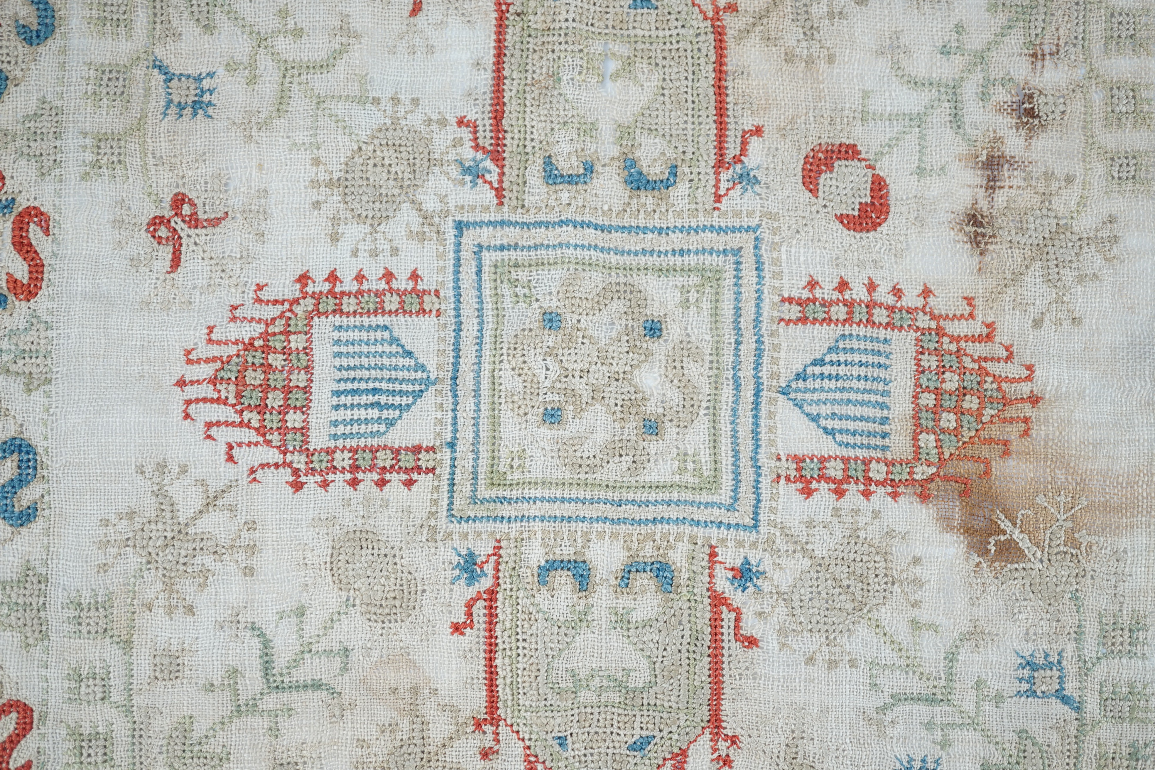 An 18th century Creton fine hand woven linen square, possibly an altar piece, 39cm sq.